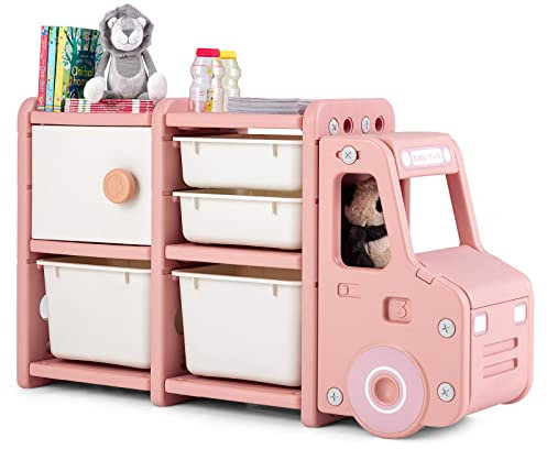 COSTWAY Kids Storage Units, Children Toy Organizer with Plastic Bins, Pull-Out Drawers and Door Cabinet, Toddler Storage Chest for Nursery Playroom Bedroom (Pink Car Shape, 112 x 35 x 66cm)