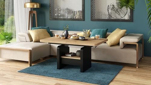Lexus Couchtisch Eiche Gold / Schwarz matt ausziehbar höhenverstellbar mit Schublade 120/180 cm modern Wohnzimmertisch Esstisch abgerundete Ecken Sofatisch platzsparend hochwertig Wohnzimmer