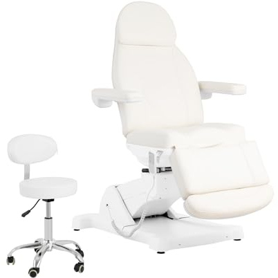 Physa Elektrische Kosmetikliege mit Rollhocker 3 motoren 300 W 190 x 85 x 60-90 cm 150 kg weiß Behandlungsliege Kosmetikstuhl Therapieliege Tattooliege