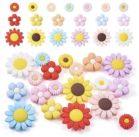 FASHEWELRY 19Pcs Flower Silicone Beads Sunflower Daisy Silicone Focal Beads Rubber Loose Spacer Bead Charms for Pens Lanyard Keychain Jewelry Making