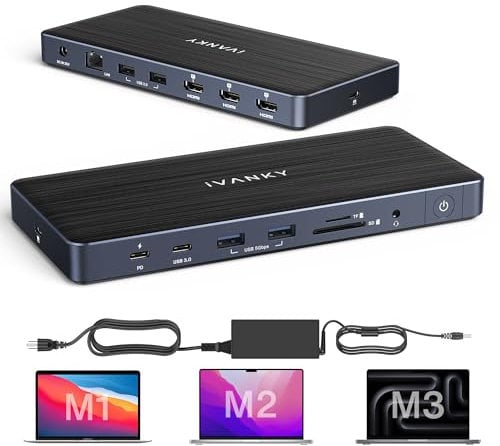 iVANKY 14-in-1 FusionDock Pro 1 for M1/M2/M3/M4 MacBook DisplayLink Docking Station with 150W Power Adapter, Triple 4K@60Hz Monitor for Mac Air/Pro Dock 3*HDMI 2.0, 96W PD, 6*USB, Ethernet SD/TF Audio