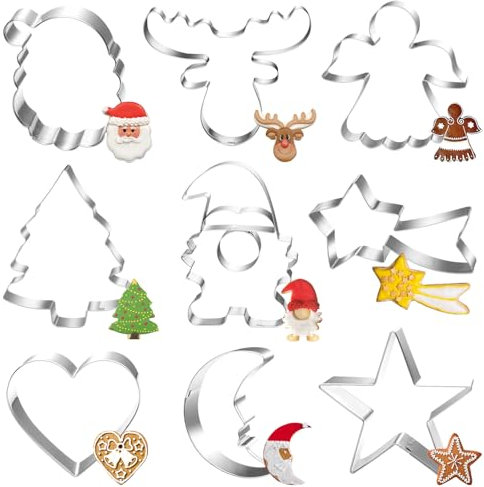 Formine Biscotti di Natale, 9 Formine per Biscotti Gnomo, Alce Albero Natale Formine per Biscotti In Acciaio Inossidabile, Stella Cuore Regali Formine Luna per Biscotti Cuocere Torta Frutta Fondenti