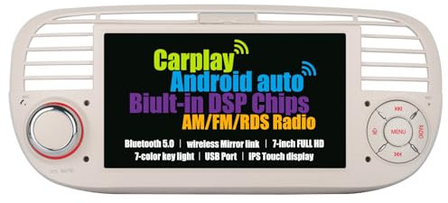 integrato wireless CarPlay e wireless Android Auto 7 DSP Autoradio per Fiat 500 2007-2015 compatibile con comandi al volante SWC Bluetooth IPS schermo EQ Subwoofer AM FM RDS Radio Navi Stereo