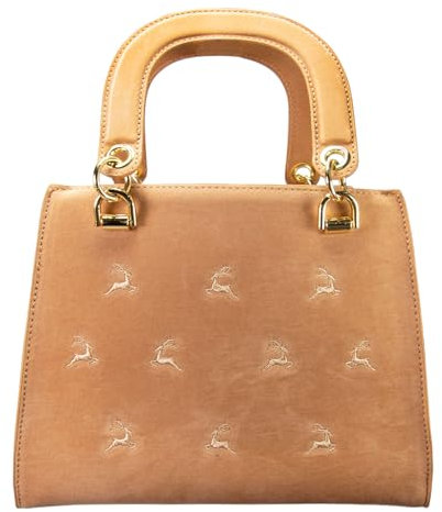 Alpenflüstern Trachtentasche Samt mit Hirschstickerei - Damen Handtasche, Schultertasche fürs Dirndl, Tasche zur Tracht, Dirndltasche mit Metallelemente (taupe-braun) DTA099