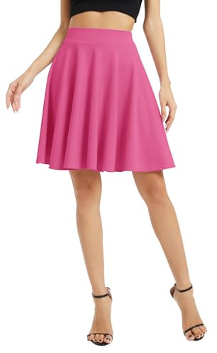 Damen Elegante Elastische Taille Ausgestellte A-Linie Midi Rock Basic Uniform Plissee Skater Röcke(M, Rosenrot)