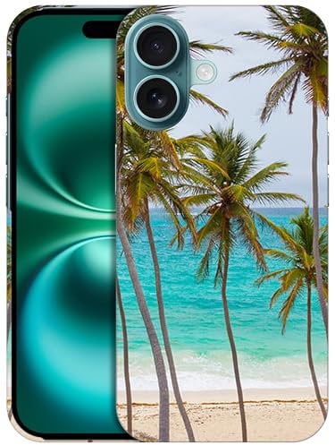 GlamCase Schutzhülle für iPhone 16 Plus, iPhone 16 Plus – tropische Palme am Strand, bedruckt, schlank und elegant, niedlich, Kunststoff, Hartschale, Designer-Schutzhülle für iPhone 16 Plus, Weiß