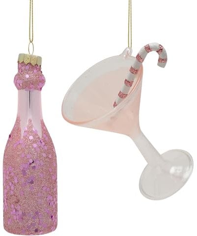 Widdop and Co. - Set of 2 Glass Tree Decorations - Girls Night - Wine Bottle & Cocktail Glass - Christmas Xmas Ornament Holiday Decor - Alternative Homeware Friends, Family H: 19cm x W: 4cm x D: 4cm