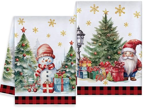 Vspek Juego de 2 Navidad Paños de Cocina, Papá Noel Muñeco de Nieve Árboles de Navidad Toallas de Cocina Toalla Navideña Divertida para el baño Invierno Navidad Decoracion Cocina Artículos Navideños