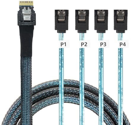 CY-Kabel Slimline SAS 4.0 SFF-8654 4i 38-poliger Host-Raid auf 4 SATA 7-polige Zielfestplatten-Fanout-Raid-Kabel 1-auf-4-Splitter (100 cm)