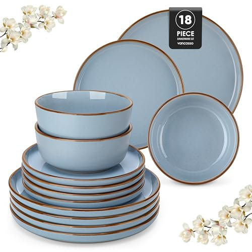 Steingut Geschirrset 6 Personen, vancasso LOIRE 18tlg Tafelservice 6 Personen Modern Blau, Beinhaltet Schüssel, Dessertteller und Speiseteller, Spülmaschinenfest