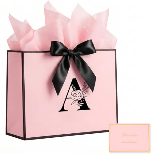JEKUGOT Medium Gift Bags,Birthday Gift Bags for Women,Baby Girl Gift Bag,Pink Gifts Bag for Baby Shower, Valentine's Day, Weddings and Birthday Party with Handles and 2 Wrapping Paper 1 Card,Pink A