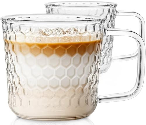Aquach 16 Oz Glass Coffee Cups, Clear Tea Mugs with Handle, Microwave and Dishwasher Safe Home Office Drinking Mugs Perfect for Americano Cappuccino Hot&Cold Beverages, 2-Pack