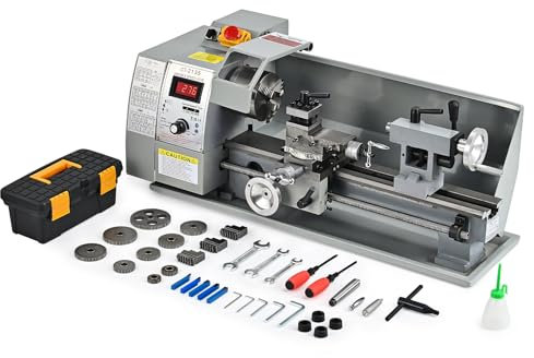 CREWORKS 600W Tornio per Metallo 210 x350 MM a Velocità Variabile 0-2250rpm con Mandrino a 3 Griffe e Display LCD per Filettatura, Tornitura, Foratura, Lucidatura