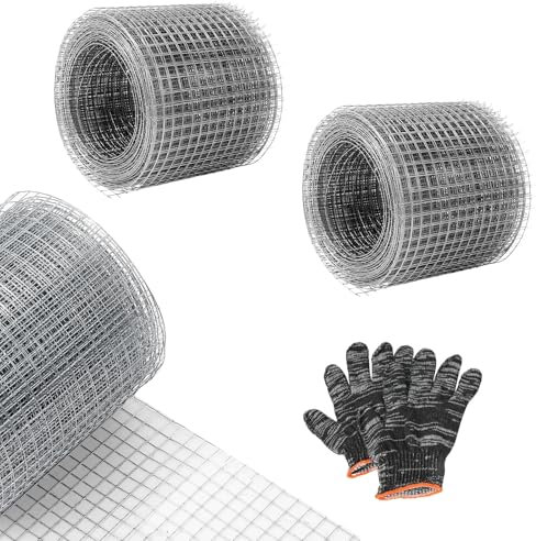 Grillage Anti Rongeur 2 Rouleaux Livré avec Gants, Maille Fine en Galvanisé 10cm x 6m, Clôture de Protection Rigide, Grillage à Poule Polyvalent Barrière Anti Souris Anti Rat pour Jardin et Maison