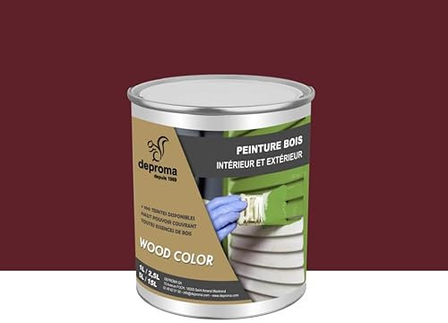 DEPROMA Peinture bois intérieur et extérieur SATIN - Qualité professionnelle (Rouge Vin - RAL 3005, 1 Litre)