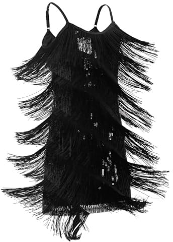EFOGEP Girls Latin Dance Sequin Fringe Flapper Dress Black 10-11 Y