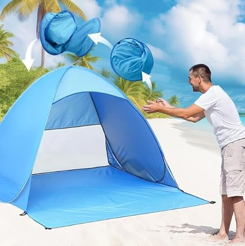 HyAdierTech Tente de Plage Pop Up, Abri de Plage Automatique 1-2 Personnes, Tente Pare-Soleil avec Sac de Transport et Piquets, Protection Solaire UV UPF 50+, pour Protection Solaire Plage, Jardin