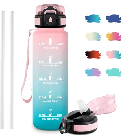JAPORIA Botella 1 litro, Botella Agua con Pajita, Reutilizable, Botellas Agua Deporte con Marca de Tiempo, Garrafa Agua sin BPA, Cantimplora para Oficina, Bicicleta, Yoga, Running, Escuela, Viaje