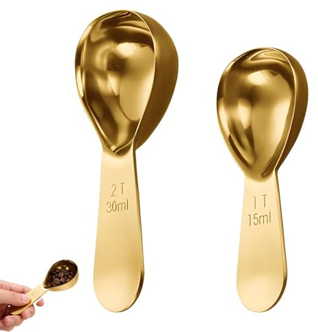 2 Pcs Golden Coffee Scoop for Ground Coffee, Tablespoon Measuring Spoons 15ml 30ml Stainless Steel Measuring Spoon Clear Scale, Suitable for Measuring Beans Tea Powder and Sugar