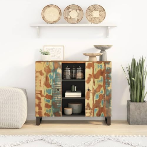 Qnhdfrt Sideboard 90x33x75 cm Altholz Massiv mit 7 Fächern, Eisenbeinen, Zeitloses Industrial Design, großer Stauraum für Wohnzimmer, Küche & Flur