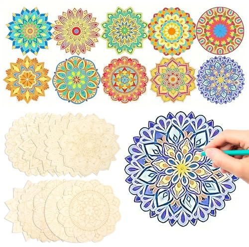 HICOHAND Mandala-Gemälde-Set aus Holz, dekorative Bordüre, unlackiertes Holz zum Bemalen, Holz-Mandala-Ornament für Erwachsene zum Entspannen, Malen, Basteln, Heimdekorationen, 10 Stück