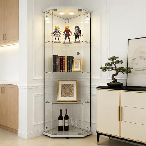 AUFHELLEN Eck-Glasvitrine mit LED-Beleuchtung in Weiß 161,4 cm Hoch | Modern Glas Vitrine Weißes Holzbrett mit 4 Böden aus ESG für Sammlerstücke Bücher Wein