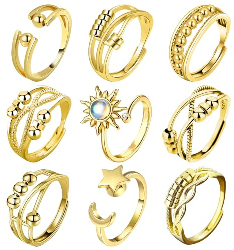 MLPKOI 9 Stück Fidget Ring Mädchen, Anxiety Ring Spinner Ringe Damen Fidget Rings Set, Verstellbar Anti Stress Rings, Einstellbar Offen Spinner, für MäDchen Herren Geburtstags-Party-Geschenke, Gold