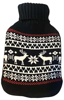 Wärmflasche 2Liter mit Bezug Strickbezug Rungassi Hirsch Herz Karos Zopfmuster Weihnachtsmann (Schwarz Hirsch)