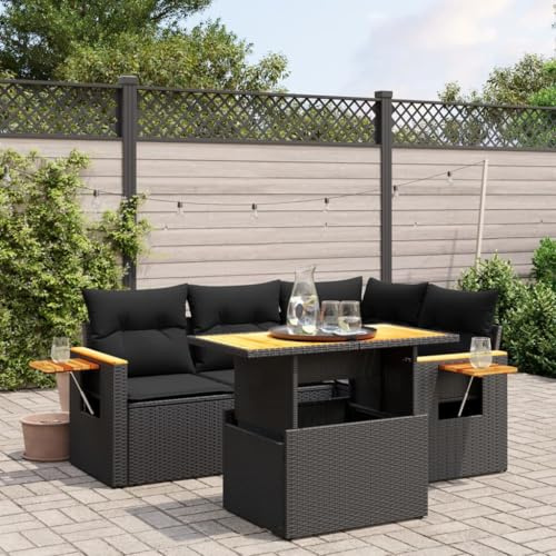 Refined 5-TLG Gartenmöbel Gartengarnitur, Sitzgruppe Sitzgarnitur, Lounge Sofa Garnitur Terrasse Garten-Sofagarnitur mit Kissen Schwarz Poly Rattan
