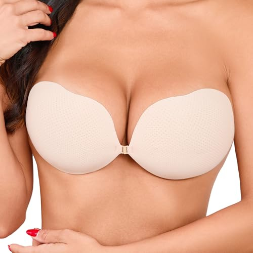 Hioffer Women's Sticky Push up Adhesive Bra Strapless Invisible Stick on Bras for Backless Dresses, Wedding, Party, Beige, Cup B