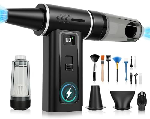 Aroeally Soffiatore Aria Compressa 2-in-1 Air Duster Elettrico & Aspirapolvere 180000 RPM, Batteria 8000mAh, 100 Livelli di Velocità, Display Digitale, Kit Pulizia PC, Tastiera e Auto, USB-C (Nero)