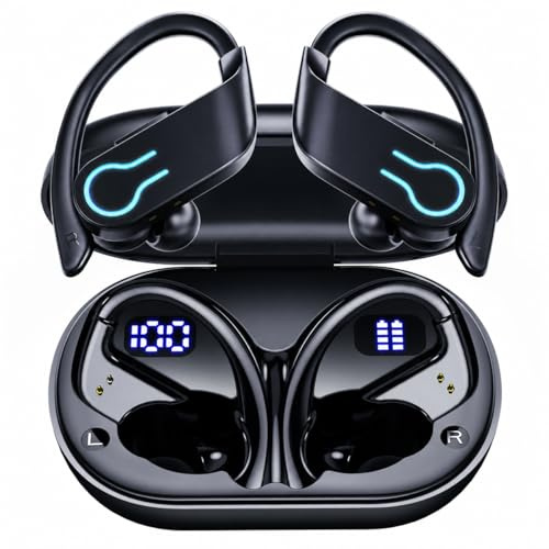 Paekole 2026 Auriculares Inalámbricos Deportivos, Auriculares Bluetooth 6.1 con Gancho, 120H Reproducción Pantalla LED, IPX7 Impermeable, 4 Micrófonos ENC Cancelación de Ruido Cascos Running
