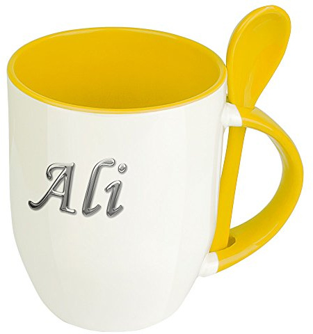Namenstasse Ali - Löffel-Tasse mit Namens-Motiv Chrom-Schriftzug - Becher, Kaffeetasse, Kaffeebecher, Mug - Gelb
