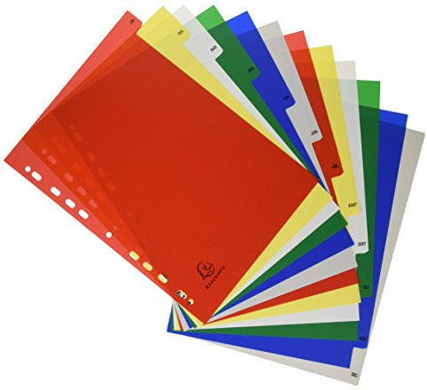 Exacompta 95E Kunststoff-Register Jan-Dez für DIN A4 aus langlebigem Kunststoff 12-teilig volle Höhe 21 x 29,7 cm weiß mit bedruckten, bunten Taben Universallochung mit Indexseite zum selbstgestalten