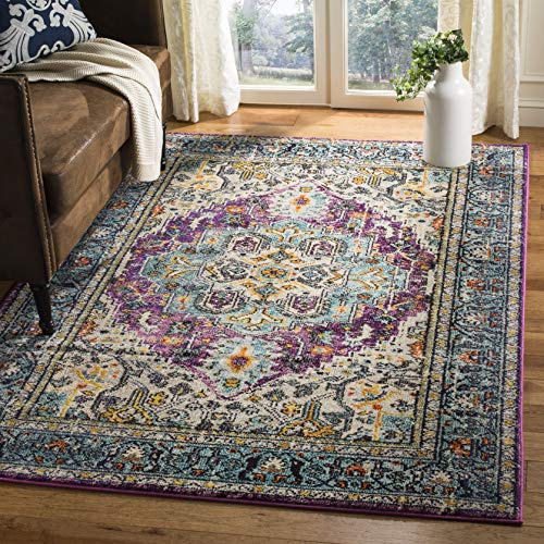 SAFAVIEH Boho Teppich für Wohnzimmer, Esszimmer, Schlafzimmer - Monaco Collection, Kurzer Flor, Violett und Hellblau, 155 X 231 cm