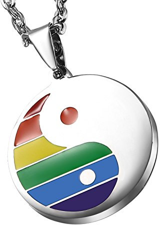 Cupimatch Herren Edelstahl Halskette, Homosexuell LGBT Gay & Lesbian Pride ying yang Anhänger Hochglanz Poliert mit 55cm Kette, silber regenbogen
