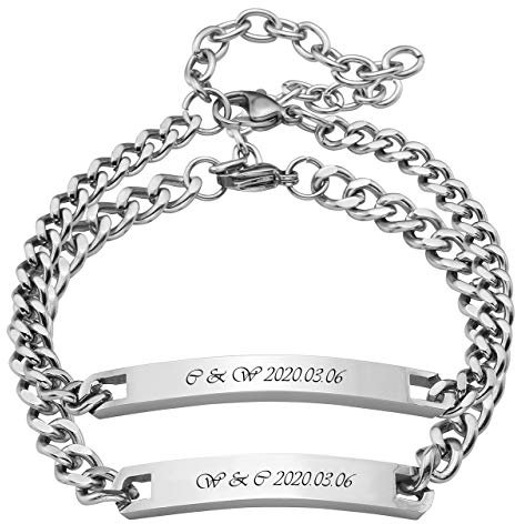 Jovivi Personalised Couples Bracelets His and Hers Silver Engraved Custom Message Stainless Steel Bar Id Name Tag Identity Bracelets Matching Jewellery for Couple Lover Friends