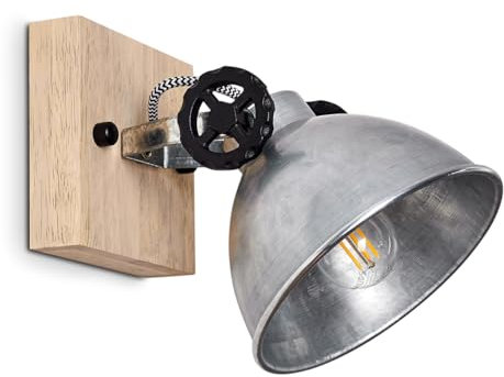 Wandlampe Svanfolk, Wandleuchte aus Metall und Holz in Silber/Braun, 1-flammig, mit verstellbarem Strahler, 1 x E14-Fassung, Retro/Vintage Design, ohne Leuchtmittel