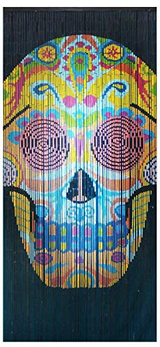 Beaded String Natural Wood Beaded Curtain-90 Strands-Boho Door Beads-Bohemian Doorway Curtain-35.5 W x 80 H-Hand Made-Hand Painted (Skull)