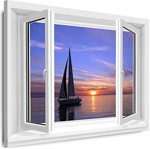 Myartstyle - Bilder Fenster 70x80cm XXL Leinwandbilder - 1 Teilige Wandbilder Fensterblick Segelboot Meer Natur Landschaft Kunstdrucke w-D4-123