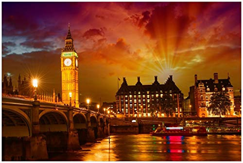 Wallario Glasbild London - Big Ben in strahlenden Farben - 60 x 90 cm Wandbilder Glas in Premium-Qualität: Brillante Farben, freischwebende Optik