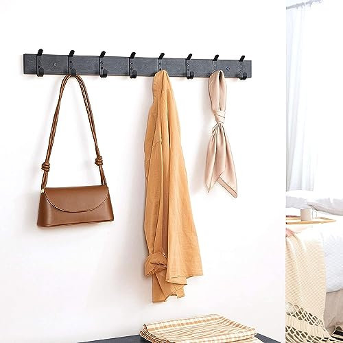 ACAZA Garderobenleiste, Wandgarderobe mit 8 Haken für Jacken, Garderobe zur Wandmontage im Industrial Design aus Holz schwarz lasiert mit Metall, Maße 86 x 6.5x 1.5 cm