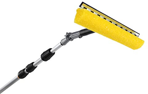 Teleskopstange 6 Meter mit Fensterwischer gelber Schwamm Aluminiumstange ausziehbar zum Reinigen von Fenster Dachfenster Wintergarten Wohnmobil mit Winkel und Adapter