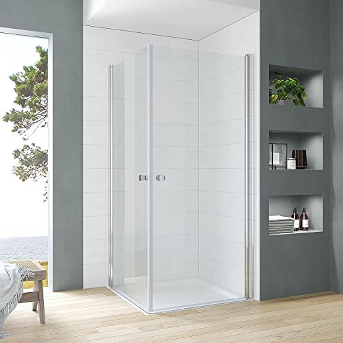 Duschkabine Eckeinstieg 80x80 x 187 cm mit Pendeltüren Schwingtüren Drehtüren Eckdusche Duschwand Glas Duschabtrennung rahmenlos für Duschwanne oder Bodengleiche Dusche Echtglas klar 5 mm