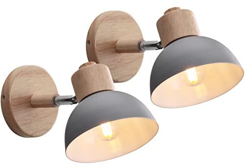 iDEGU 2 Stücke Wandleuchten Moderne Innen Wandlampe aus Holz Metall Halbkreis Lampenschirm E27 Verstellbare Wandspot Vintage Lampe für Schlafzimmer Wohnzimmer (2 Lampen, Grau)