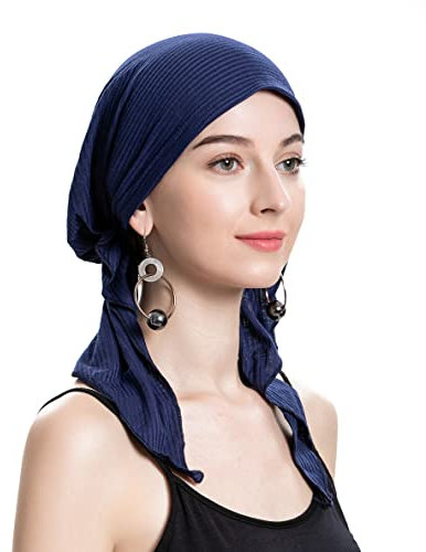 ZLYC Damen Chemo Turban Mütze Vorgebundenes Kopftuch Headwraps Leichte Hut (Solide Marine)