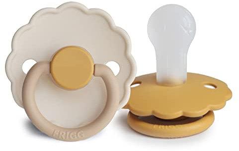 FRIGG Daisy Silikon Schnuller | Schnuller 2 Packung | Symmetrischer Sauger in Kirschform | BPA-frei | Hergestellt in Dänemark | Silikon Schnuller | (Chamomile/Honey Gold, Größe 1 (0-6 Monate))