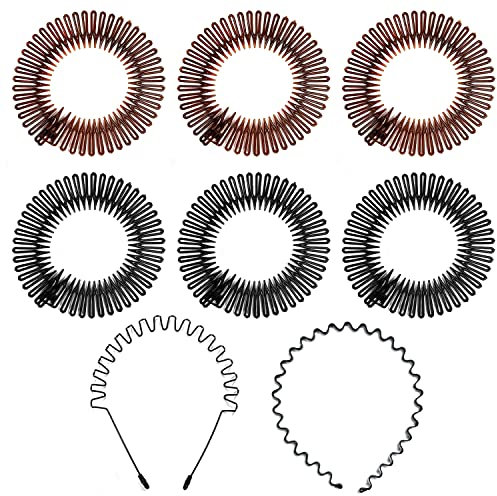 6 Stück runde Stretch-Haarbürste mit 2 Stück gewellten Haarbändern, elastische Kunststoff-runde Haarbürste, Anti-Break, langlebig, Zickzack-Stirnband für Frauen Mädchen (Schwarz, Braun)