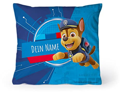 PICANOVA – PAW Patrol Chase Kissen mit Name 30x30cm – mit Füllung – Text individuell Bedruckt – Zierkissen Dekokissen – Schlaf- und Wohnzimmertauglich