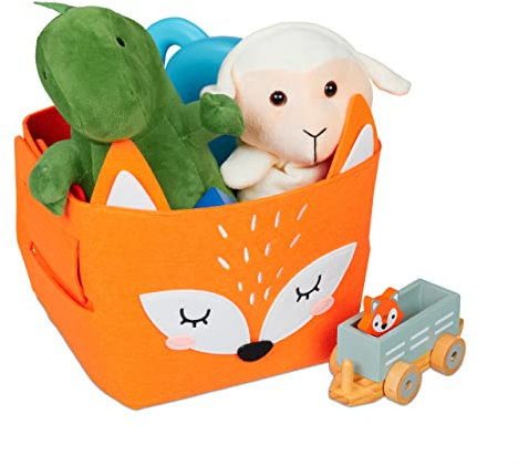 Relaxdays Aufbewahrungskorb Filz, Fuchs-Motiv, Filzkorb für Kinder, faltbar, HBT: 24 x 27 x 18 cm, Spielzeugkorb, orange